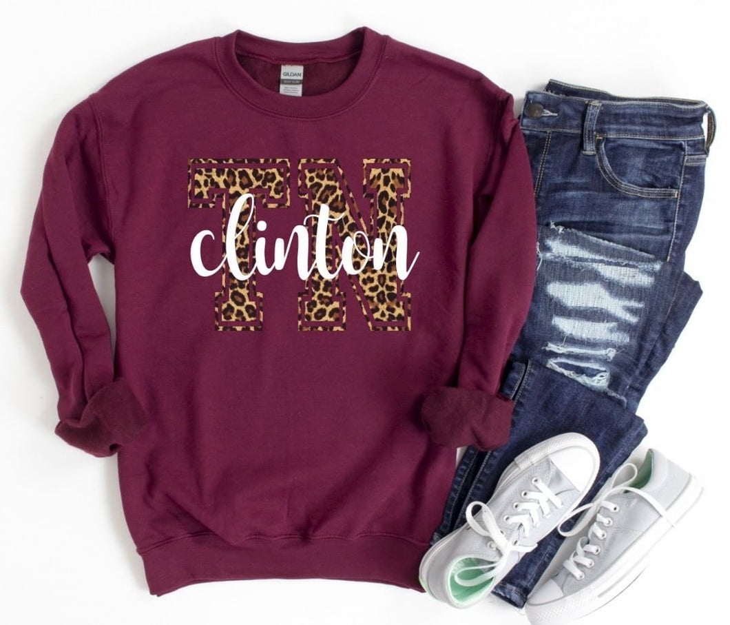 Clinton TN Leopard Sweatshirt- Maroon